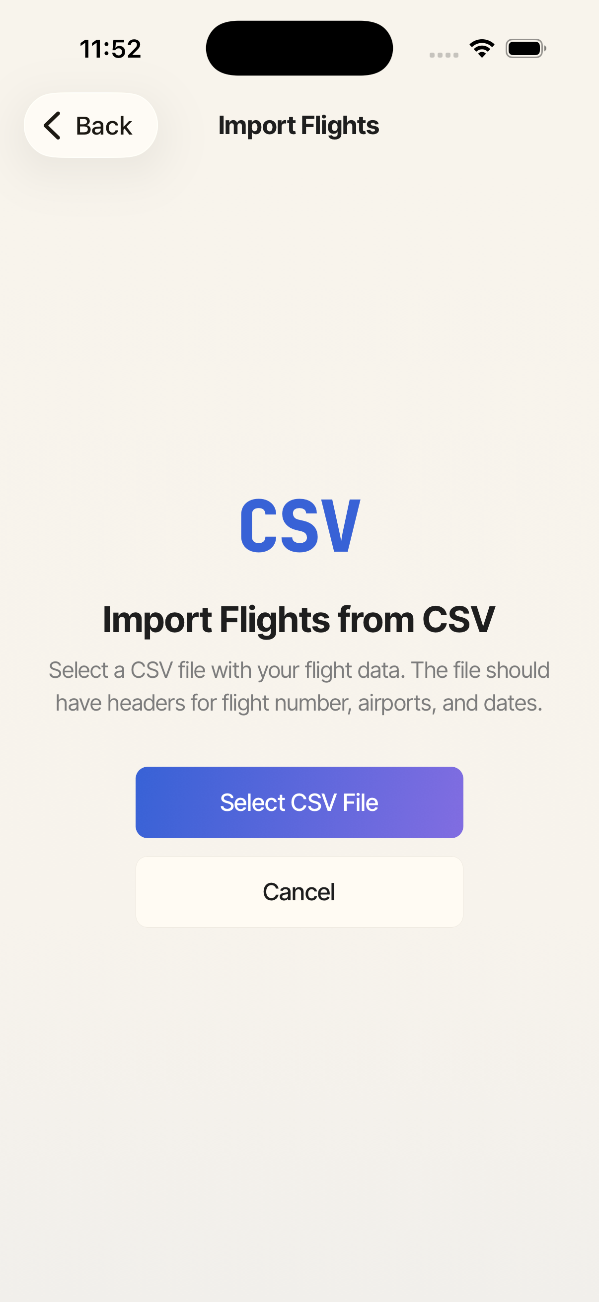 Import flights screen