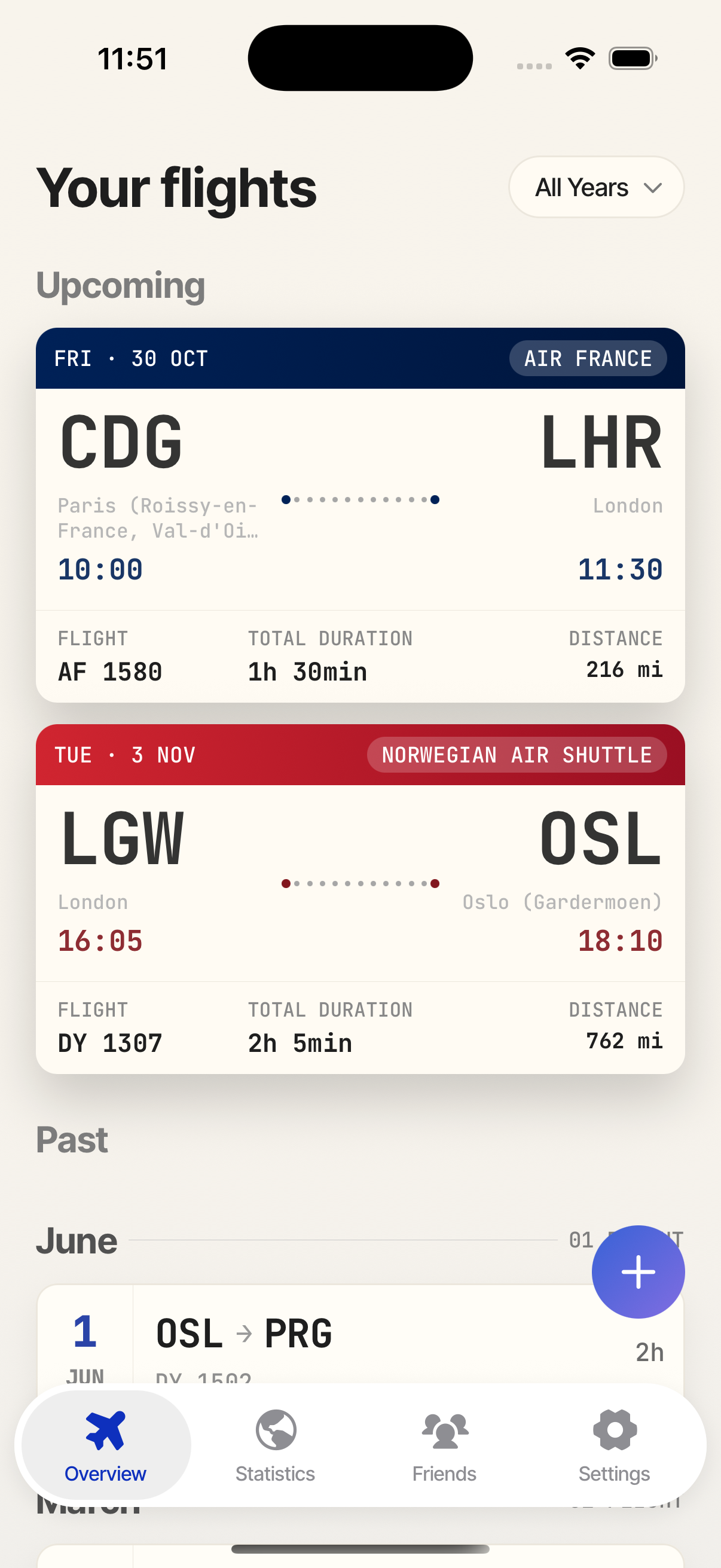 Upcoming flights screen